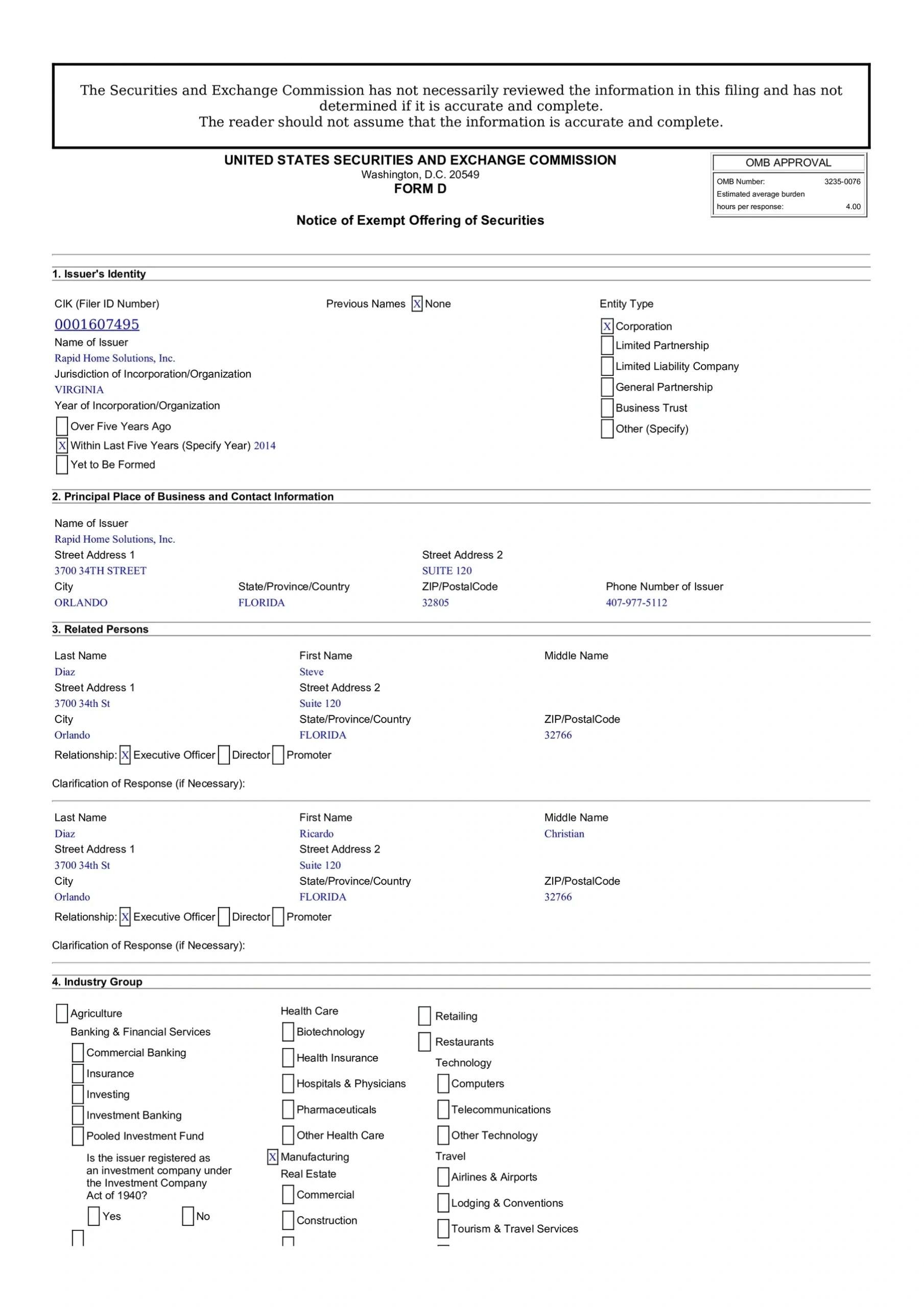 SEC Form D Notice of Exempt Offering of Securities — Rapid Home Solutions